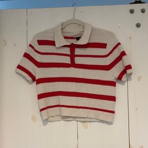 Red and white knit polo-style sweater